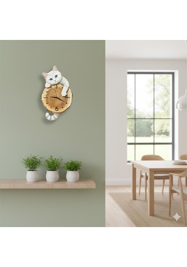 Cajuart Kütük Üzerinden Bakan Beyaz Kedi Tasarımlı Duvar Saati Modern Dekoratif Saat Beyaz