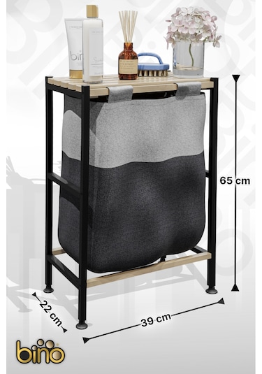 Bino Ahşap Raflı Keten Kumaşlı Banyo Düzenleyici Çamaşır Sepeti Siyah