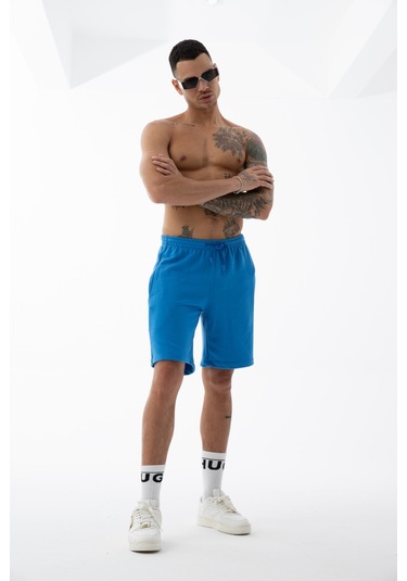 Erkek Mavi Yüksek Kalite Relax-fit Rahat Kesim %100 Pamuk Bağcıklı Siyah Düz Basic Şort Mavi
