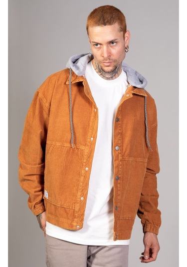 Erkek Camel Çıkarılabilir Kapüşonlu Oversize Pamuklu Kadife C... CAMEL