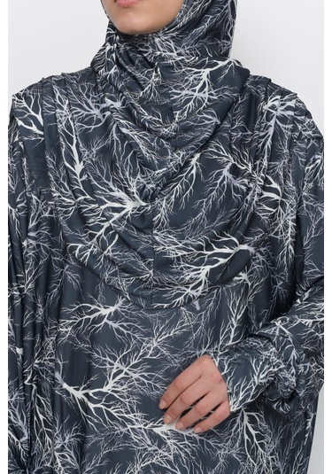 Pratik Tek Parça Ağaç Desenli Kollu Tak Çıkar Başörtülü Likralı Tesettür Namaz Elbisesi 990-0705 Siyah Antrasit