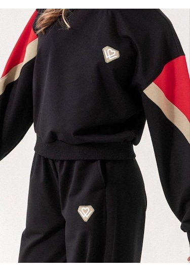 Kız Çocuk 2 İplik Kalp Aplikeli Tasarım Eşofman Takım-14216 Siyah