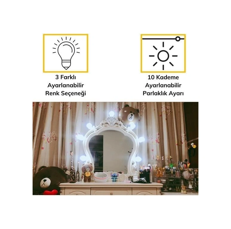 Sıladanal Nostalji Hollywood Tarzı 10lu Makyaj Masası Aynası Beyaz Led Işıklı Lamba Usb Diğer