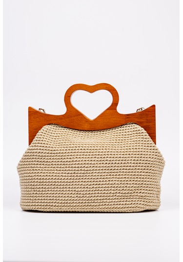 Fabric Craft Bag El Çantası Örgü Floş İplik Ahşap Saplı Açık Bej