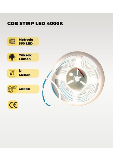 12v Cob Şerit Led Günışığı Işık - Metrede 360 Led - 5 Metre 5 METRE