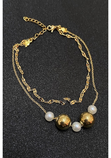 Altın Renk İnci Küre Model Singapur Ve Sf Zincir Çelik Halhal - 3292 Çok Renkli