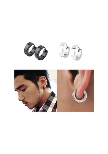 Ince Düz Halka Unisex Erkek Çelik Küpe Çifti 3 MM 2 Renk Mse8