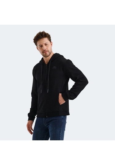 Slazenger VENDA Erkek Fermuarlı Kapüşonlu Cepli Siyah Sweatshirt