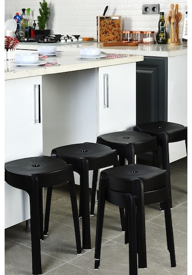 Kaymaz Ayaklı Dekoratif İç İçe Geçebilen Plastik Tabure Mutfak Bahçe Taburesi 6 Adet Siyah Siyah