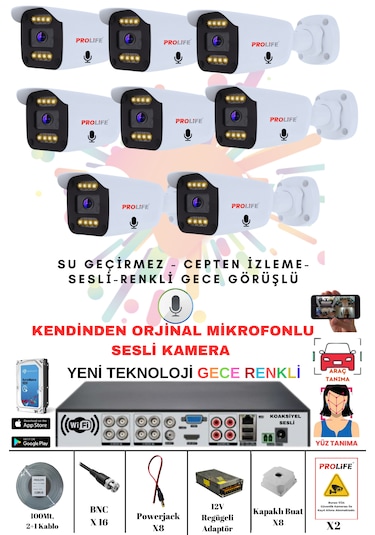 8 Li Sesli Güvenlik Kamerası 5 Mp Gece Renkli Full Hd Kamera Seti