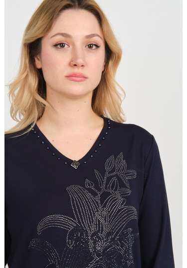 Detay Triko Kadın Önü Taş Süslemeli Yakası Boncuk Detaylı Uzun Kol Anne Bluz 5747 Lacivert Lacivert