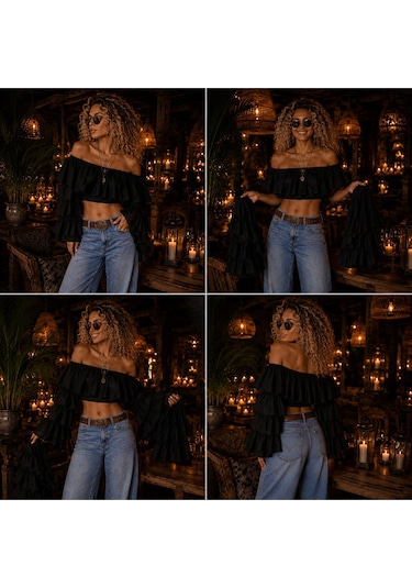 Na Addesıgn Valon Kol Madonna Yaka Crop Bluz İkili Kullanım Siyah