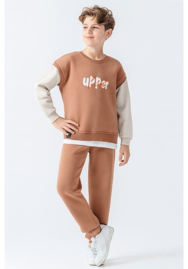 Erkek Çocuk Upper Baskılı 3 İplik Kalın Kışlık Eşofman Takımı Ak4231 Kahverengi