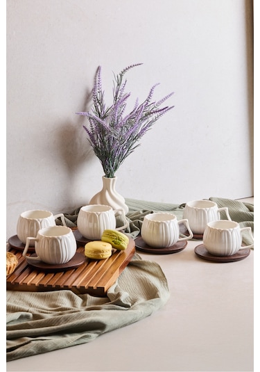 Dark Balkabağı 6'lı Akasya Tabaklı Modern Porselen Kahve Fincanı Seti Beyaz Beyaz