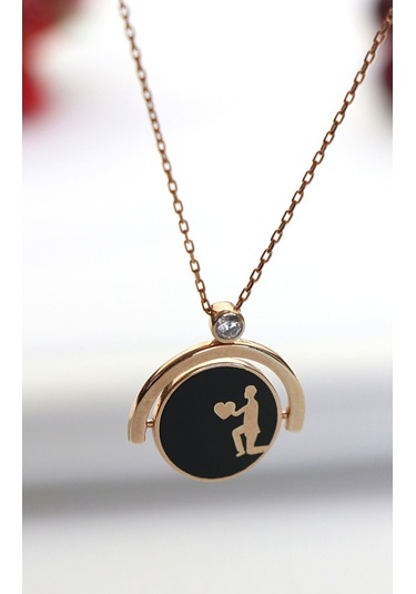 Çift Yönlü Siyah Gelin Damat Teklif Gümüş Kolye-Rose Gold