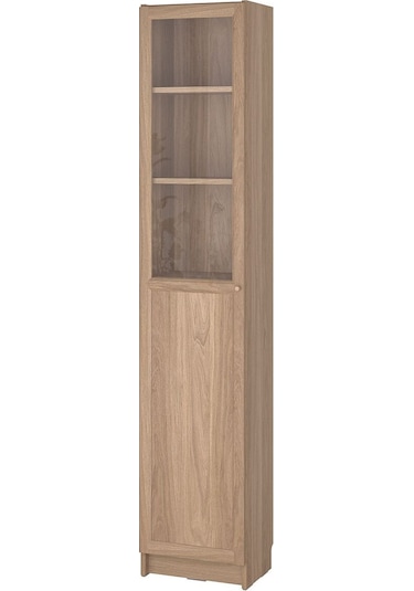 Cam Kapaklı Kitaplık, Meşe Görünümlü, 40x30x202 Cm Abanoz