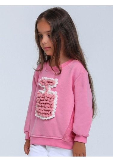 Kız Bebek Parfüm Şişesi Örgü Detaylı Sweatshirt-14298 Pembe