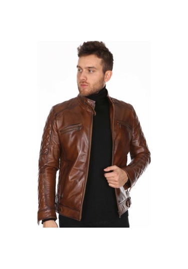Hakiki Deri Kahverengi Neymar Omuz Kol Işlemeli Erkek Deri Ceket Kahverengi