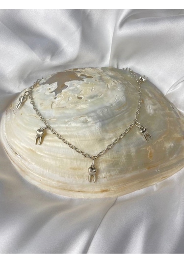 Gümüş Kaplama Diş Figürlü Kolye - Çoklu Uç Zincir Tasarımı Çok REnkli