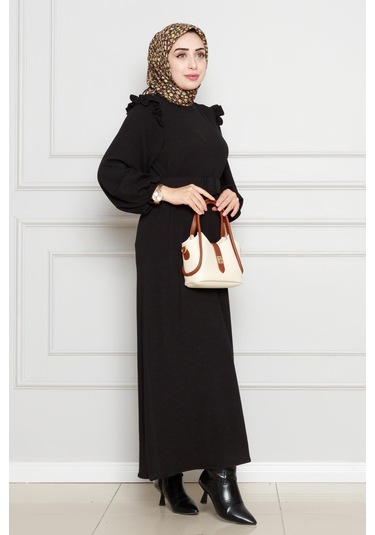 Omuzu Fırfır Kemerli Elbise-siyah-4557 Siyah
