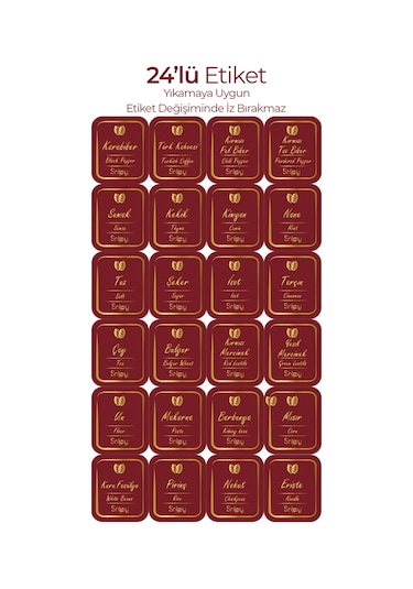 Snippy Baharat Ve Saklama Kabı Bakliyat Etiketi 24 Adet Etiket Suya Yıkamaya Dayanıklı Kendinden Yapışkanlı Bordo