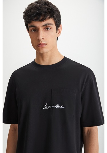 Kravın Erkek %100 Pamuk Bisiklet Yaka Baskılı Siyah T-shirt