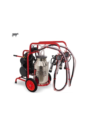 Melasty İkili İnek Süt Sağma Makinesi Paslanmaz Güğüm - Kauçuk Memelik Kuru Pompa