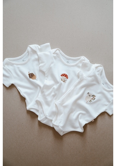 3lü Nakışlı Çıt Çıtlı Kısa Kollu Body Zıbın Model 1 Beyaz