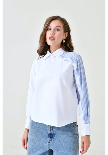 Kadın Özel Tasarım Yaka Kol Düğmeli Çizgi Garnili Tesettüre Uygun Bluz Gömlek Beyaz