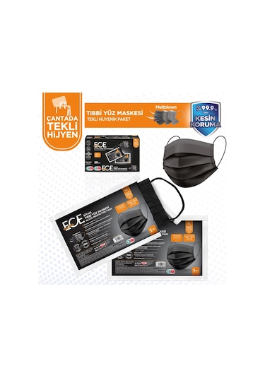 Ece Full Ultrasonik Tek Tek Paketli Meltblownlu Maske 400 Adet Siyah