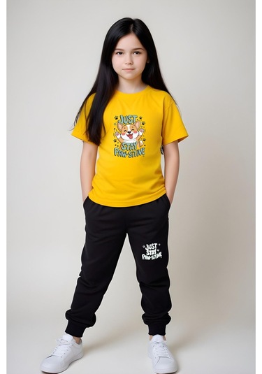 Just Stay Paw Baskılı Kız Çocuk Tişört Ve Eşofman Alt-üst Takım Sarı
