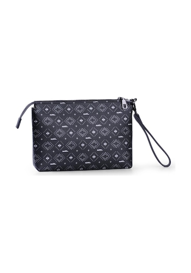 Deri Company Kadın Basic Clutch Çanta Monogram Desenli Şeritli Siyah Gri (4006SG) 214012 Gri - Siyah