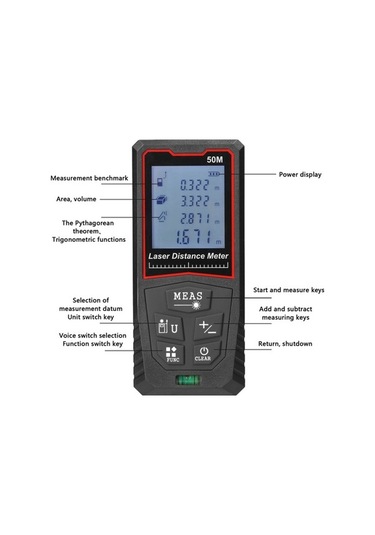 Pazly El Tipi Lazerli Hassas Dijital Mesafe Ölçer - Lcd Ekranlı Arka Aydınlatmalı İnşaat Ölçüm Cetveli