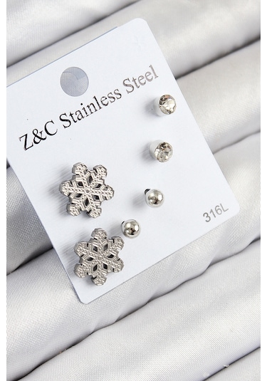 316l Çelik Zirkon Taşlı Kar Tanesi Model Gümüş Renk Kadın Set Küpe Çok Renkli