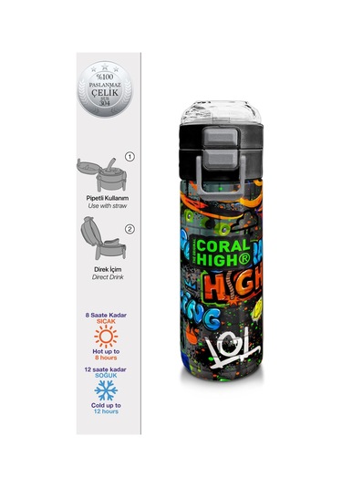Coral High Kids Siyah Mavi Grafiti Desenli Pipetli Ve Direkt İçim Çelik Termos 500 Ml 31972 Saks Mavi