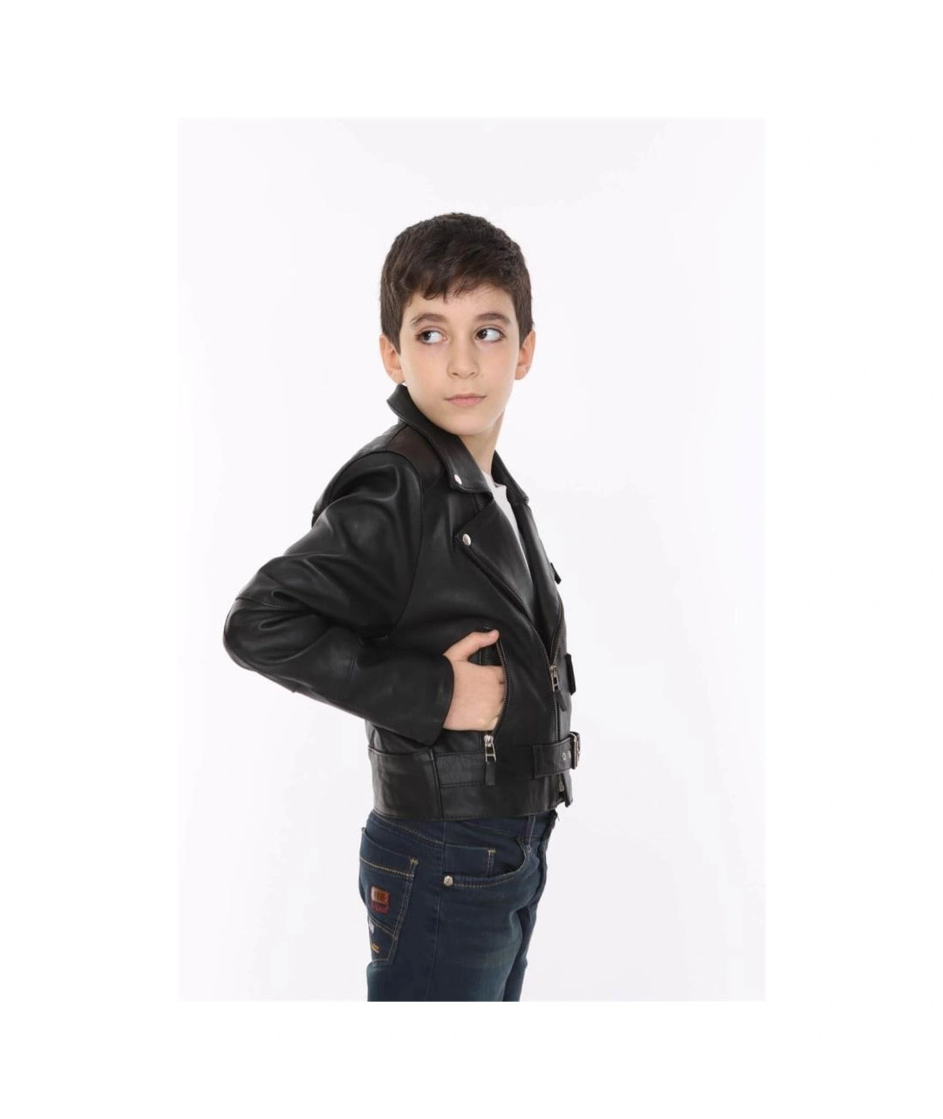 Hakiki Deri Siyah Yandan Fermuarlı Kemer Detaylı Erkek Çocuk Deri Mont Siyah