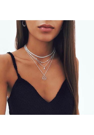 Padalink Bayanlar İçin Bohemya Stili Dört Katlı Altın/gümüş Renkli Alüminyum Müzik Aleti Pendentli Kolye - İnce Klavikül Gösterimi Silver