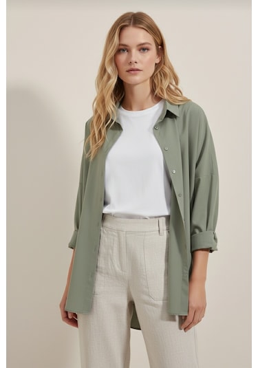 Yxc Trend Maker Oversize Uzun Basic Bayan Keten Gömlek Haki
