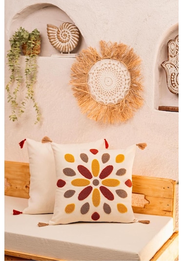 Doğa Motifli Püsküllü Kırlent Kılıfı Geometrik Desenli Çicek Çok Renkli