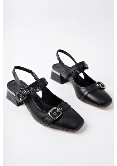 Muggo Yuqi Arkası Açık Küt Burun Çift Kemerli Kadın Günlük Klasik Kısa Topuklu Ayakkabı siyah