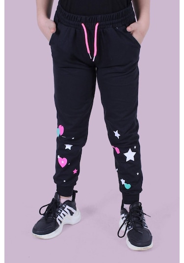 Kalp Ve Yıldız Desen Detaylı Kız Çocuk Siyah Eşofman Altı Siyah