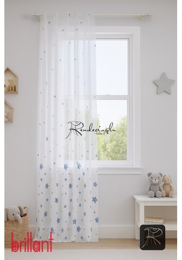 Brillant Marka Yıldız Desenli Tül Perde Örme Kumaş, Çocuk Odası İçin Özel Tasarım Mavi Mavi