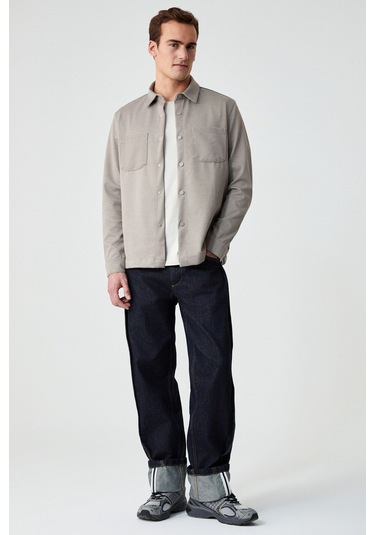 GRIMELANGE Jakarı Erkek Regular Fit Standart Kesim Klasik Yaka Desenli Çıtçıtlı Vizon Gömlek Vizon