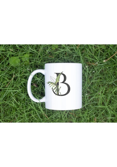 B Harf Zarif Yaprak Desenli Kupa Bardak - Naturel Sade Alfabe Harfli Bardak - Kişiye Özel Hediye Beyaz