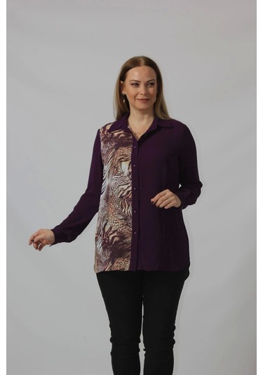 Moda Berray 2320 Leopar Desenli Şifon Gömlek Mürdüm