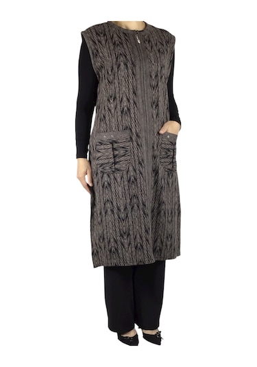 Önü Fermuarlı Desenli Cepli Kalın Kışlık Yelek Kahverengi