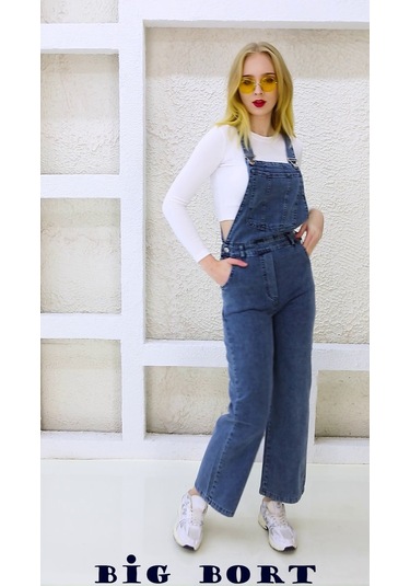 Yandan Düğmeli Enzim Kot Kumaş Salopet & Tulum Mavi