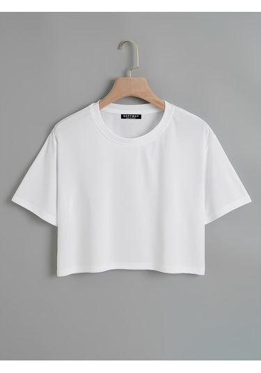 Kadın Oversize Bisiklet Yaka Düz Crop T-shirt - Beyaz