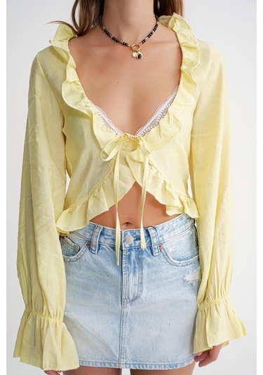4712 Kadın Volanlı Modal Bolero Bluz Sarı Sari