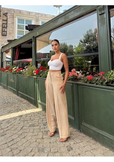 WeShaya Bej Keten Karışımlı Düz Paça Pantolon Bej